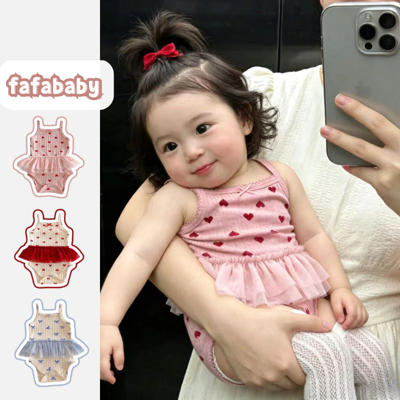 ชุดหมีเด็กผู้หญิงแขนกุดผ้าตาข่ายน่ารักพร้อมโบว์ อายุ 0-24 เดือน