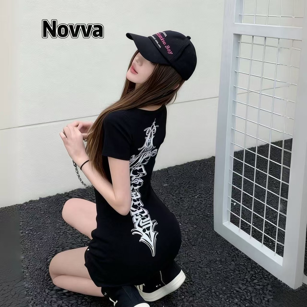 Novva ส่งไวจากไทย เสื้อแขนสั้น พิมพ์ลายกางเขน หวานเซ็กซี่ ใส่แล้วดูแพง สไตล์อเมริกัน