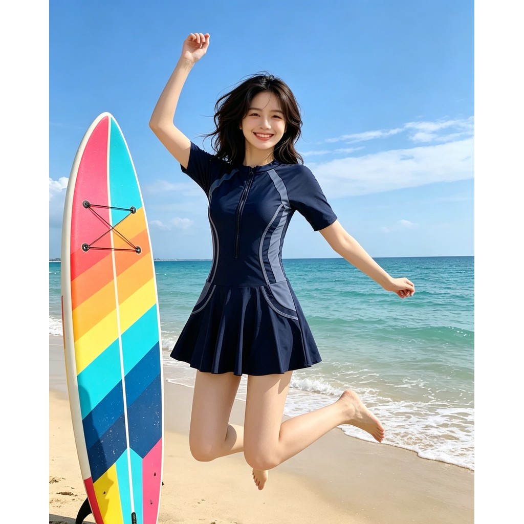 ชุดว่ายน้ำผู้หญิง ชุดสองชิ้น: เสื้อแขนสั้น + กระโปรง ลายดอกไม้ มีซับในและเสริมฟองน้ำ รุ่น 39092
