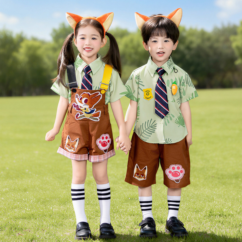 Kids Zootopia Nick Wilde Matching Sibling Outfit, Boys & Girls Green Shirt with Brown Shorts, Family Cosplay Costume