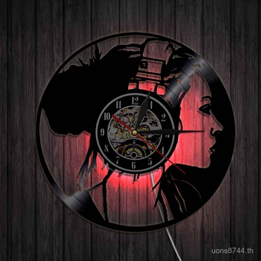 นาฬิกาเพลงกาว watchvynyl Retro Black Girl Wall Clock Luminous บันทึกศิลปะตกแต่งผนัง 4OBG