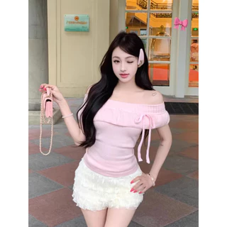 Vogue🌟พร้อมส่ง🌟 เสื้อไหมพรมเปิดไหล่ขอบระบาย แต่งเชือกรูด เข้ารูปสไตล์ลูกคุณ (U250)