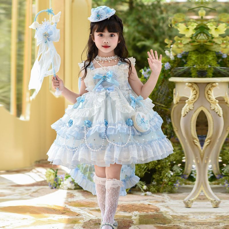 [คลังสินค้าพร้อม] ชุดเดรสโลลิต้าสาว Elsa Themed, ทูลผูกสีฟ้าอ่อนพร้อมโบว์และไข่มุกสําหรับเด็ก 3-8Y