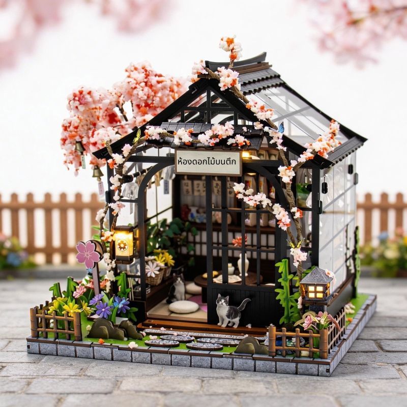 บ้านจิ๋ว DIY ทำมือ: เรือนกระจกเชอร์รี่ป่าฤดูใบไม้ผลิสไตล์ญี่ปุ่น โมเดลประกอบตกแต่งฉากบนโต๊ะทำงานบ้านจิ๋ว DIY