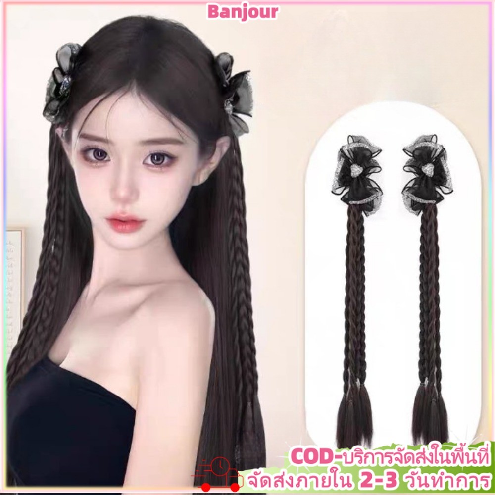 Y2k สาว Bowknot Twisted ถักหางม้าคู่วิกผมธรรมชาติจําลองต่อผม