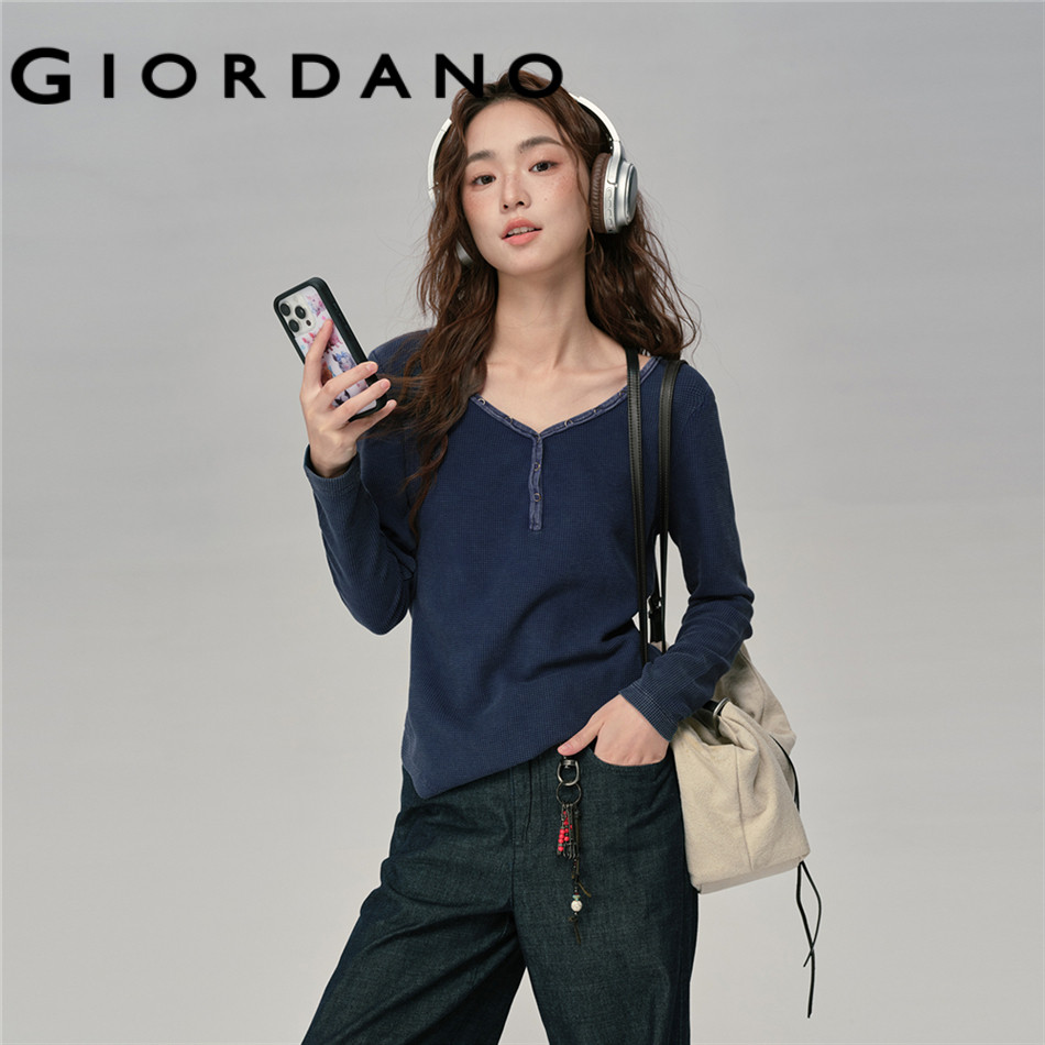 GIORDANO WOMEN Waffle roll-up trim long sleeve tee 18325920 – โปรปัง