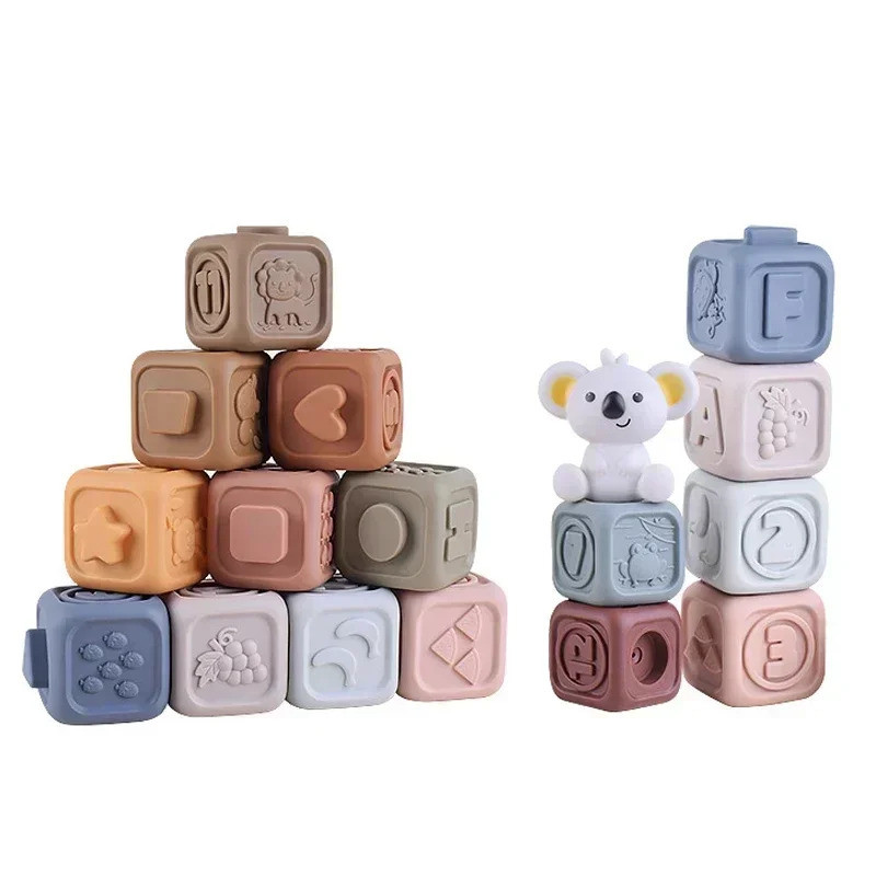 Montessori Toys for Baby Silicone Building Blocks Squeeze Babies Stacker & Teething Toys Early Learn