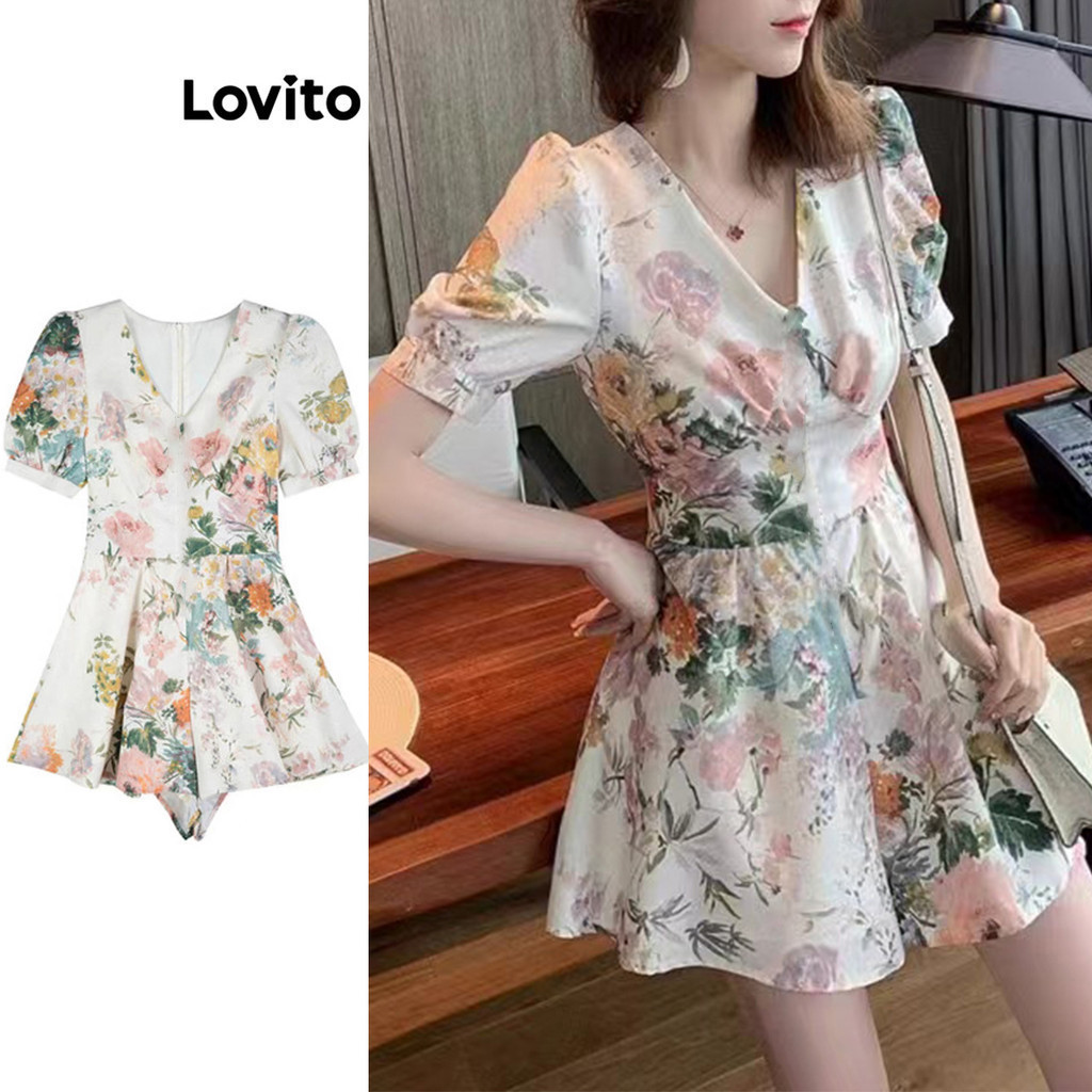 Lovito ชุดจั๊มสูทเรียบหรู ชุดจั๊มสูทลายไข่มุกชนเผ่าพิมพ์ลายสําหรับผู้หญิง LNE73532