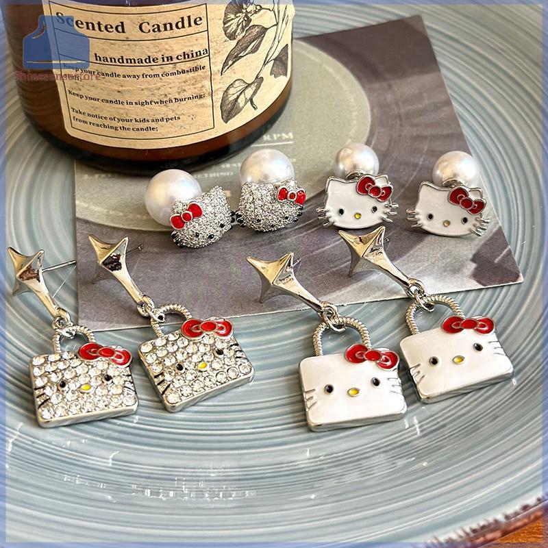 SHINE 1 คู่ Hello Kitty Sparkling Diamond Stud ต่างหูอะนิเมะ Sanrio KT Cat Bow Stud Kawaii ผู้หญิงเค