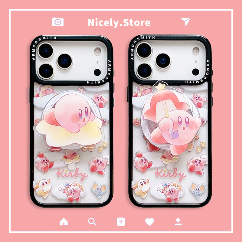 Kawaii ร่ม Kirby ผู้ถือขาตั้งแม่เหล็กเคสโทรศัพท์สําหรับ iPhone 17 Air 16E 15 14 Plus 13 12 Pro Max 11 พร้อมโซ่อะคริลิคสกปรกทนปกหลัง