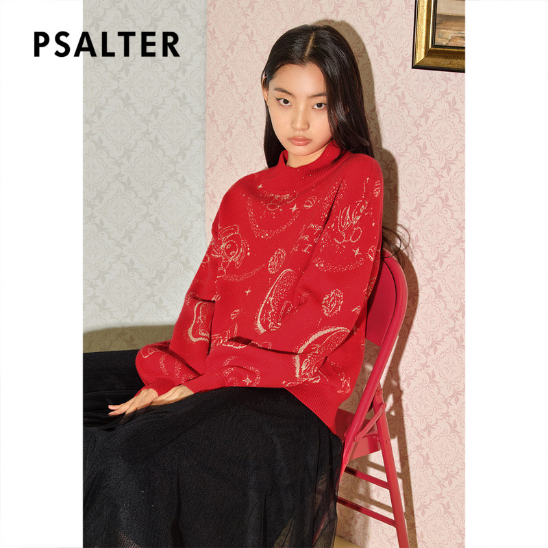 Psalm Keyan เสื้อผ้าผู้หญิง 2022 ฤดูหนาวสไตล์ใหม่หลวมรอบคอการ์ตูน Age-Reduction Jacquard เสื้อกันหนา