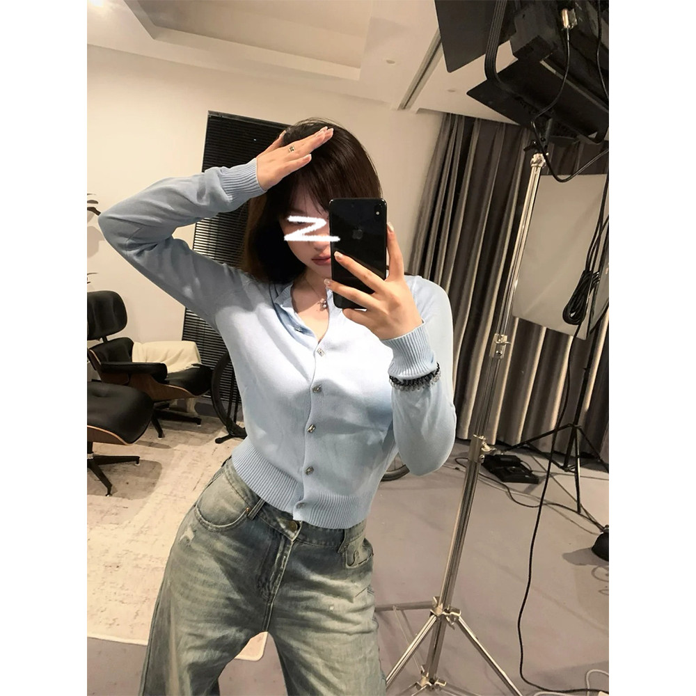 <Moss Queen> เสื้อคาร์ดิแกนสไตล์เกาหลี แขนยาว สำหรับฤดูใบไม้ร่วง ออกแบบเพื่อความกระชับที่เอว