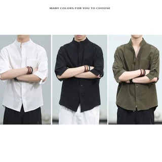 เสื้อเชิ้ตผ้าลินินผู้ชาย แขน 3/4 ทรงหลวม สไตล์มินิมอล ระบายอากาศดี