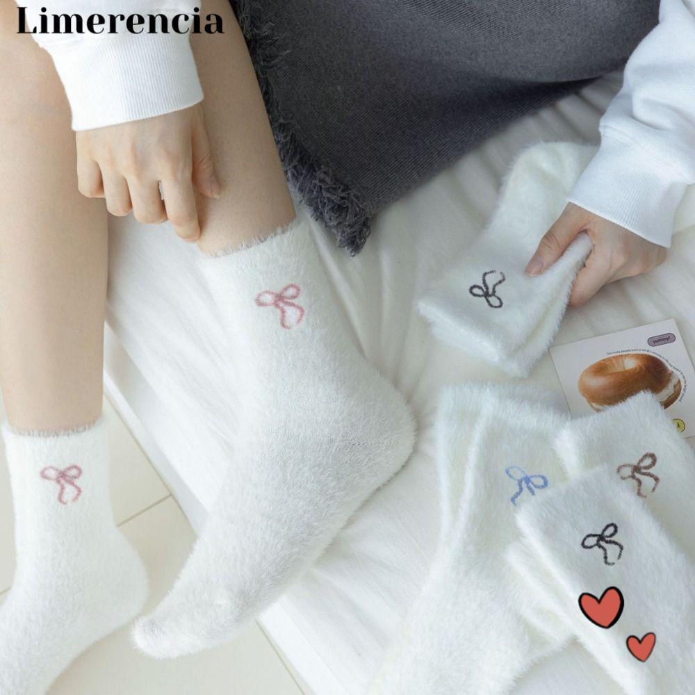 LIMERENCIA Mink Velvet Socks, Sweet Bow Thicken Plush Socks, Cozy Hairy White Color Fluffy Socks Sle