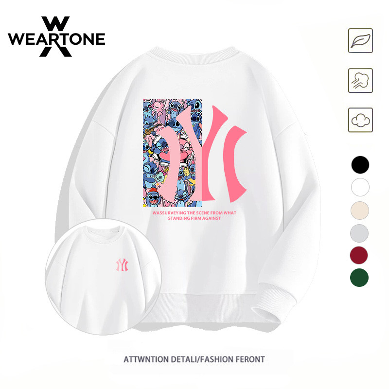 WEARTONE🌟 แขนยาว คอกลม ทรงหลวม สตรีทแฟชั่น ผ้าสำลีอย่างดี ใส่ได้ทั้งผู้ชายและผู้หญิง ชาย "Stitch IYI