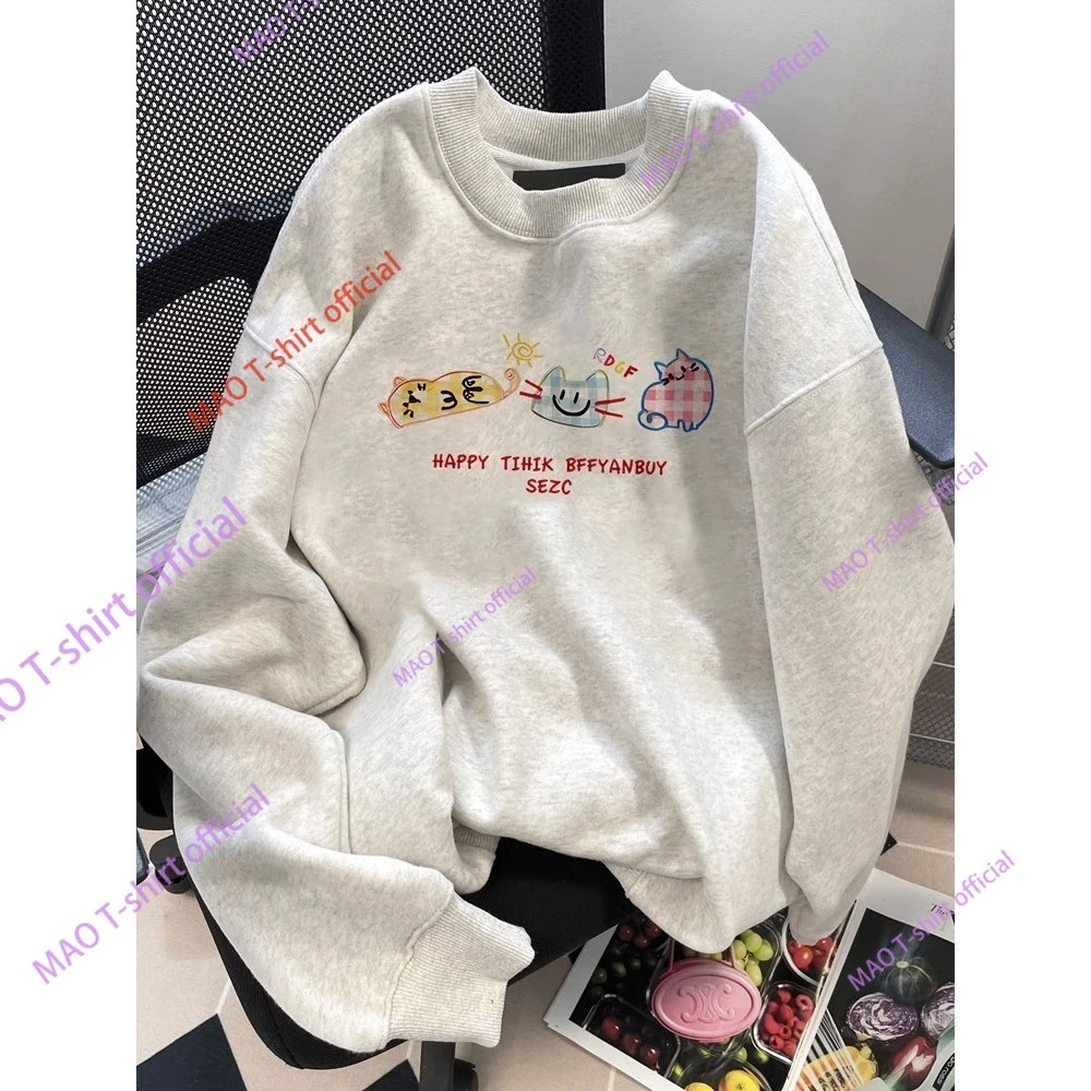 COD✅ (จัดส่งในกรุงเทพฯ) MAO Shop การ์ตูนญี่ปุ่นพิมพ์ลูกแมวรอบคอเสื้อกันหนาวผู้หญิงลดอายุซุปเปอร์ดูดีสวมหัว