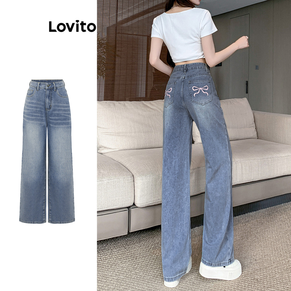 Lovito กางเกงยีนส์ทรงหลวมสบาย ๆ สำหรับผู้หญิง ปักลายสีพื้น ซักได้ตลอดฤดูกาล รุ่น Lne62399 (หลากสี)
