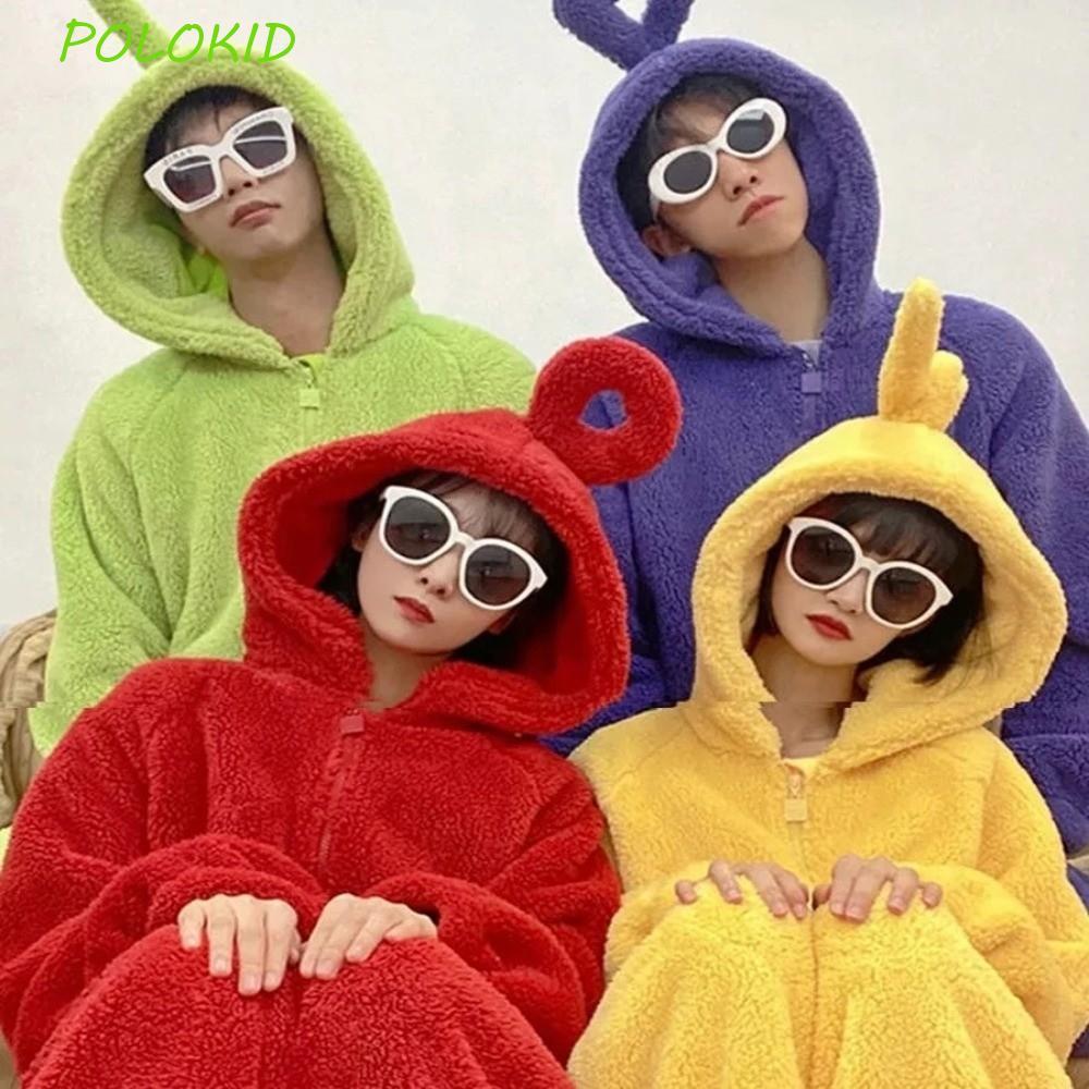 POLOKID คอสเพลย์ Teletubbies ชุดนอนขนแกะปะการัง Tinky Winky พร้อม Hoodie Kawaii สำหรับเด็ก Laa-Laa