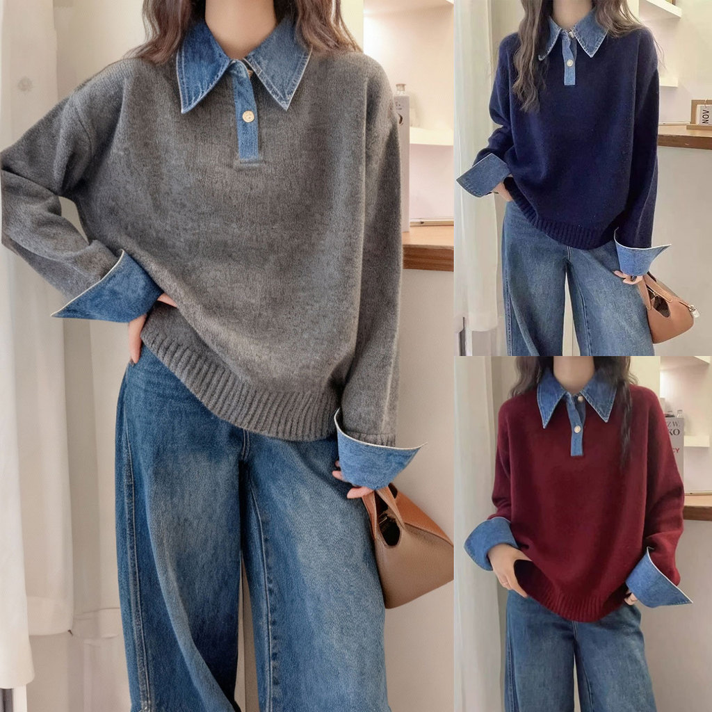 เสื้อกันหนาวไหมพรม สวมหัว แบบผ้ายีนส์ผสม ปะติดปะต่อ ลุคสองชิ้น สำหรับผู้หญิง ฤดูใบไม้ร่วง/ฤดูหนาว