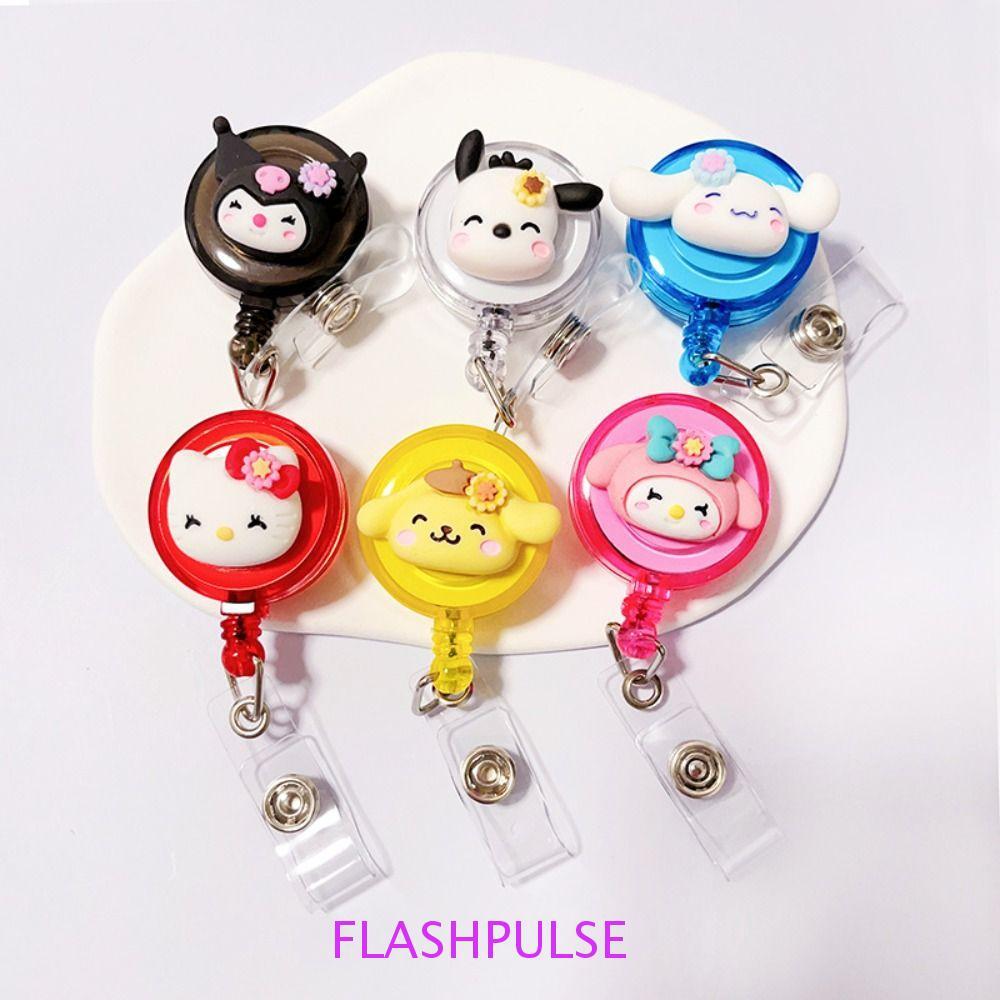 FLASHPULSE ID Card Holder, Cinnamoroll Kuromi Retractable Badge Reel, อุปกรณ์สํานักงาน Melody อะนิเมะน่ารัก Easy To Pull Buckle Name Card
