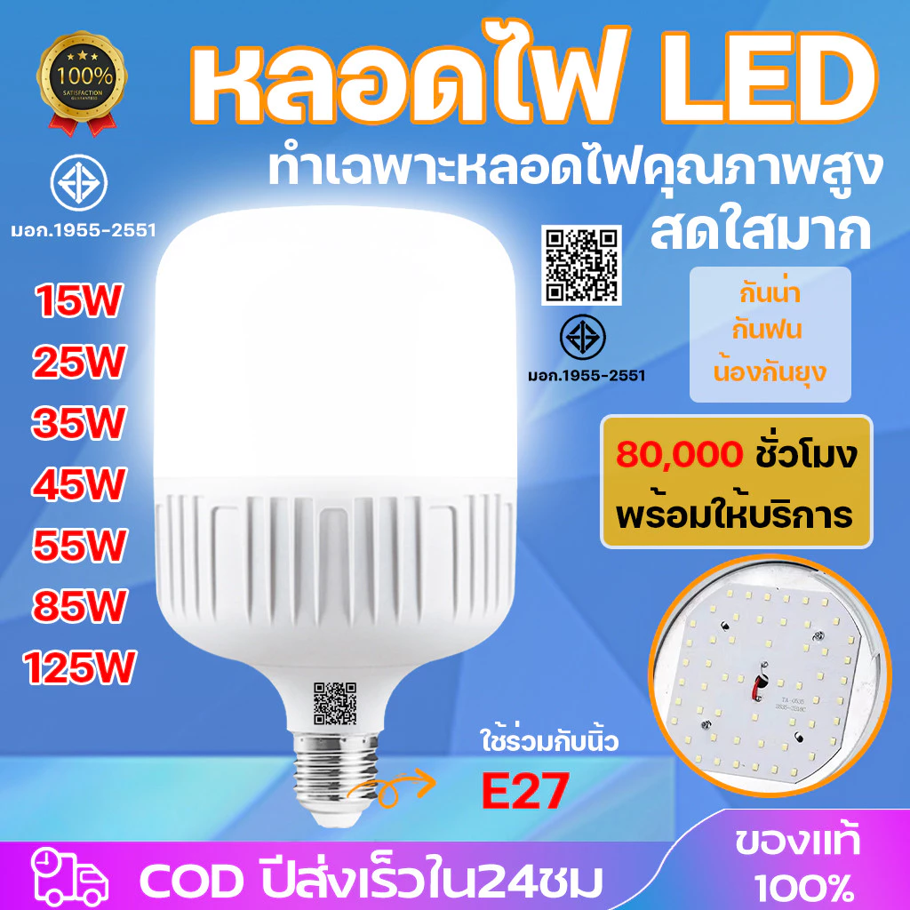 หลอดไฟLED ขั้วเกลียว E27 หลอดตั้ง สว่างมาก ประหยัดไฟ กันฝุ่นกันยุง มี15W 25W 35W 45W 55W 85W 125W ใช้บ้าน โกดัง โรงงาน