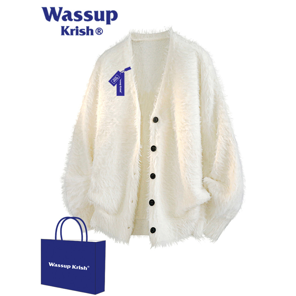 WASSUP KRISH Mink-like เสื้อกันหนาวคอวีสีทึบผู้ชายฤดูใบไม้ร่วงหลวมการออกแบบที่เรียบง่ายเสื้อกันหนาว