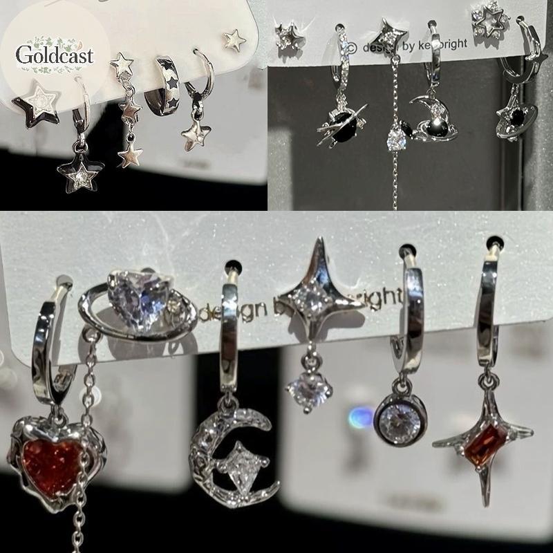 ชุดเครื่องประดับ Goth Punk Vintage 6 ชิ้น พร้อมคริสตัลหัวใจ มูน คросс สตาร์ จี้และต่างหู สำหรับทุกคน