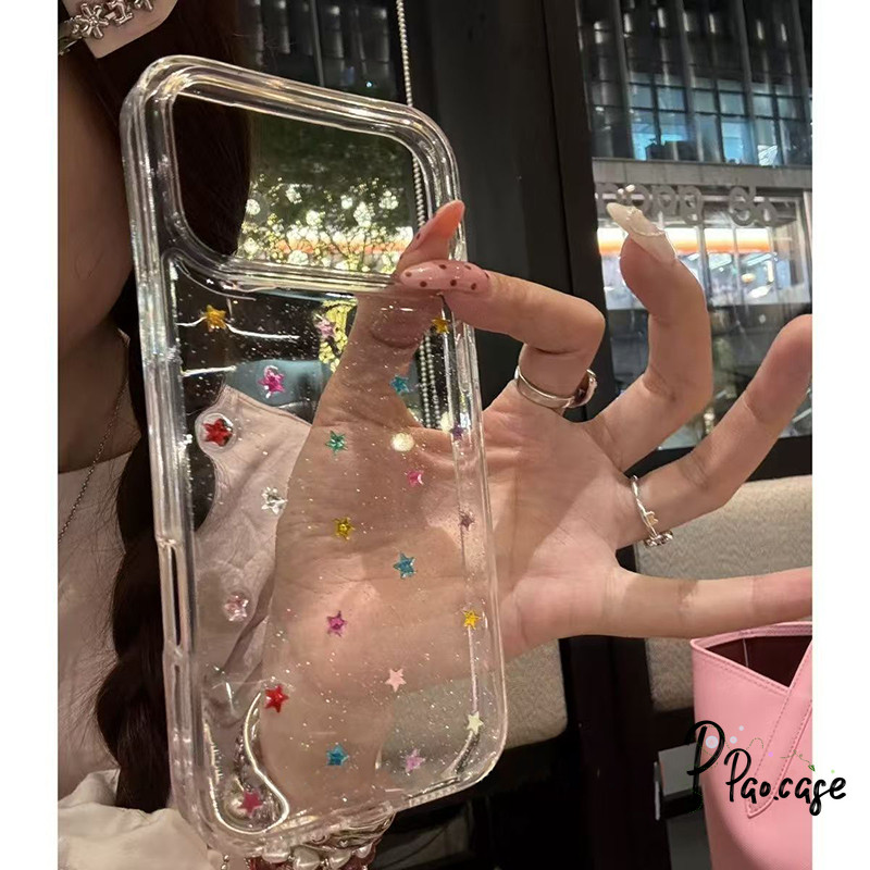 สำหรับ IPhone 11 air 12 17 13 15 16 14 Pro Max XR X XS 16 7 8 15 14 Plus เคสใสฝุ่นเงิน ลายดาวสีรุ้ง สไตล์ฮิต