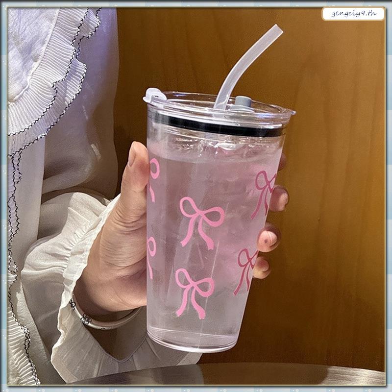 [Z โอ ข ม] 450มล ถ้วยพลาสติกสีชมพูโปร่งใสพร้อมหลอดและฝาปิดนมกาแฟเครื่องดื่มเดินทางถ้วยดื่มใช้ในบ้าน