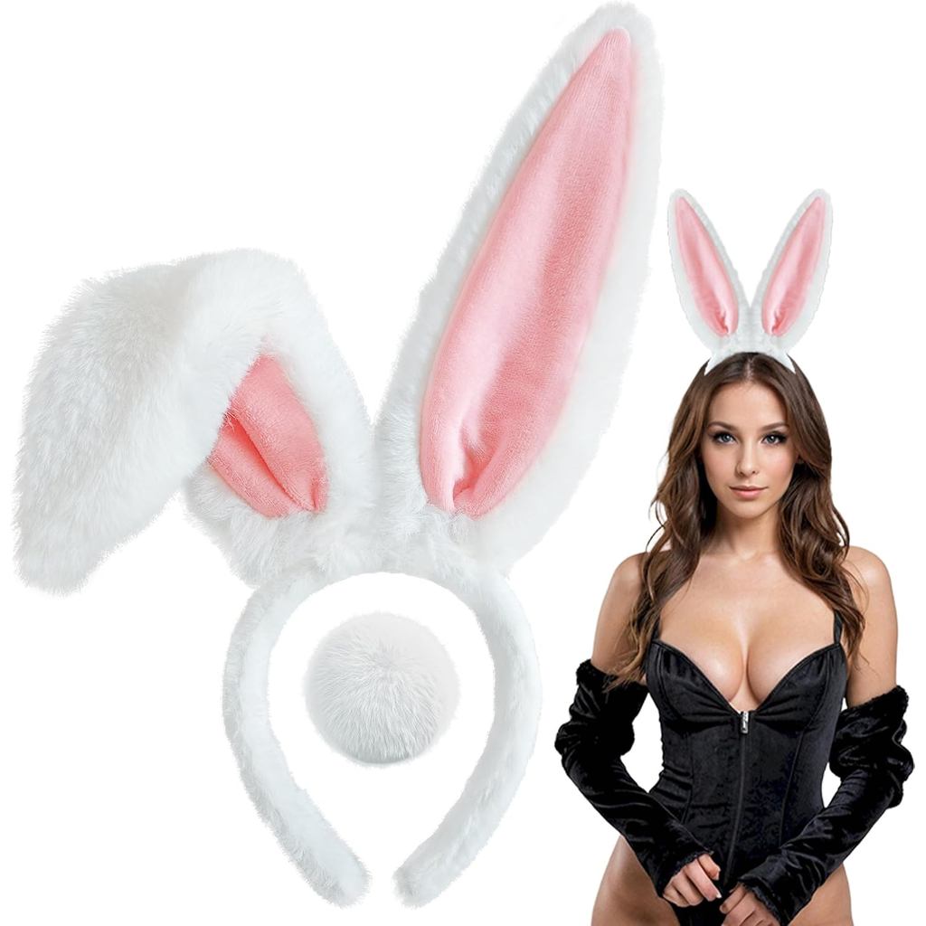 D-Fokes Easter Bunny Ears Headband และ Bunny Tail, Bendable White Bunny Ears, Furry Rabbit Ears Head