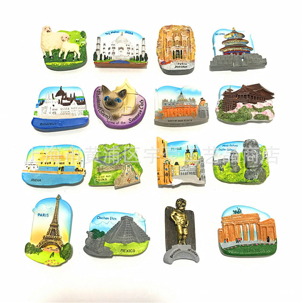 Global Landmarks ชุดแม่เหล็กติดตู้เย็น - 3D Metal ของที่ระลึกจากเดนมาร์ก เบลเยี่ยม ญี่ปุ่น NZ ประเทศไทย จีน อินเดีย ฝรั่งเศส & Prague
