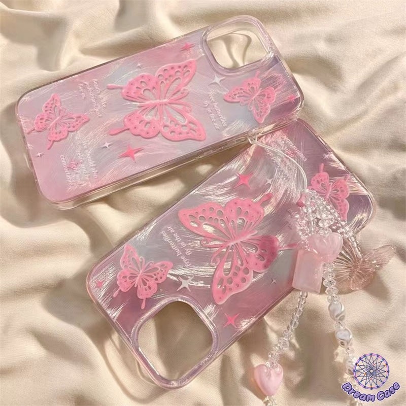 สร้อยข้อมือโรแมนติกสีชมพูผีเสื้อน่ารัก เคส IPhone 7Plus 17 11 15 16 12 13 14 Pro Max X 16 7 8 15 14 Plus XR XS MAX Air