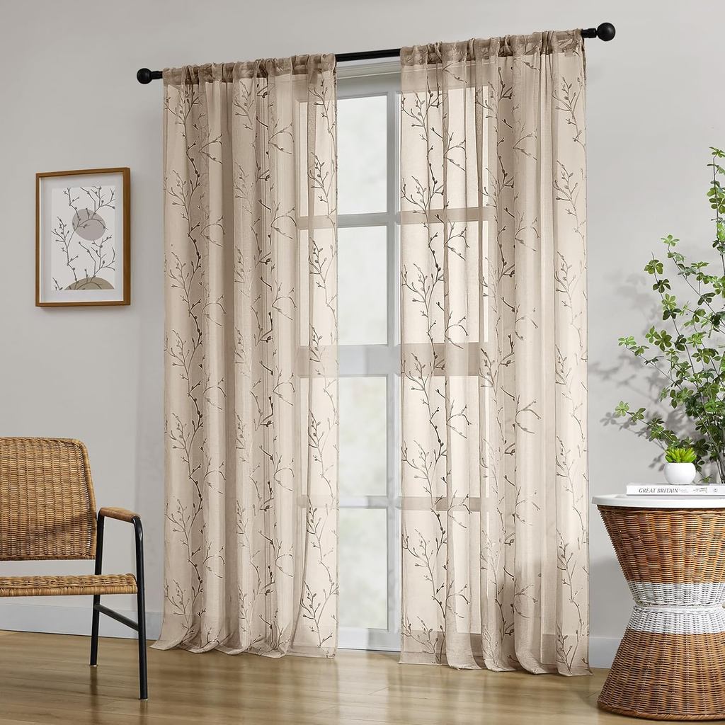 HOMEIDEAS Taupe Sheer Curtains 52 X 84 Inches Length 2 Panels Embroidered Branch Pattern Pocket Faux