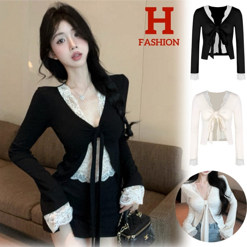 HOT'พร้อมส่ง' FY2998 เสื้อแขนยาว คอวี ดีทเลแต่งลูกไม้ผูกโบว์สไตล์เกาหลี