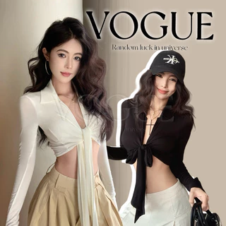 Vogue🌟พร้อมส่ง🌟 เสื้อครอปสั้น แขนยาว ดีเทลผูกเอวด้านหน้า สีพื้น เซ็กซี่เบาๆ (FY2989)