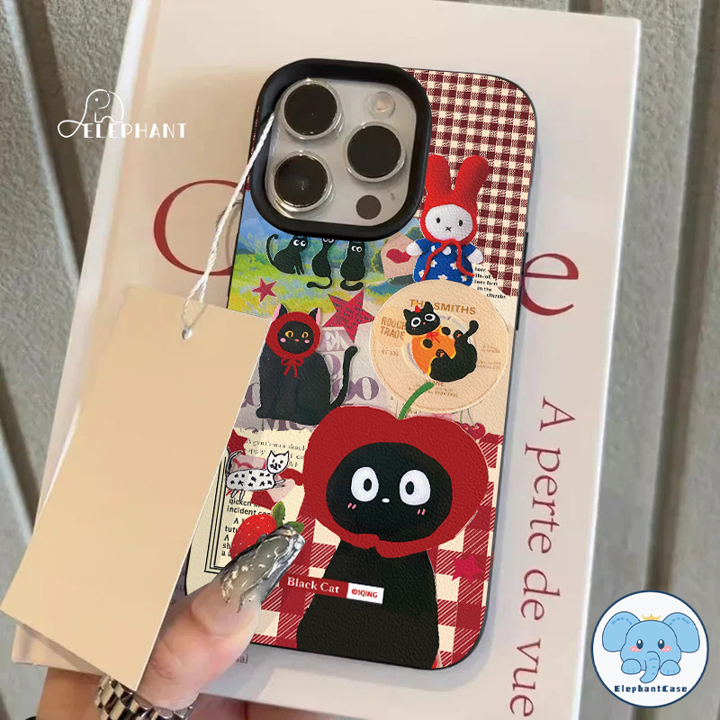 สำหรับ IPhone 17 Air 15 11 16 12 13 14 Pro Max XR X XS Max 7 16 8 Plus เคสหนังTPUนุ่มลายแมวดำลายตารางหมากรุกน่ารักและตลก