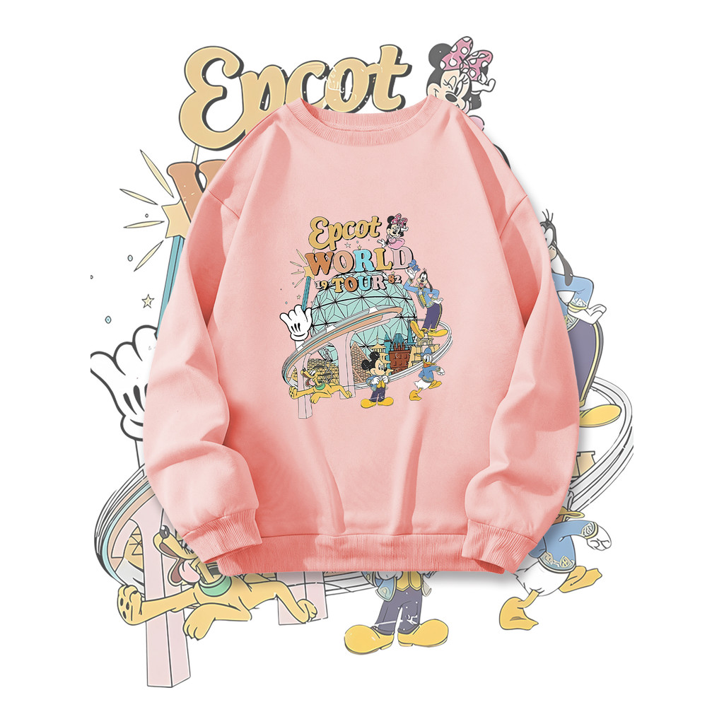 Epcot World Tour Mickey Minnie Adventure Sweatshirt พริ้นท์ลายเสื้อเชิ๊ตวงกลมคอกลม