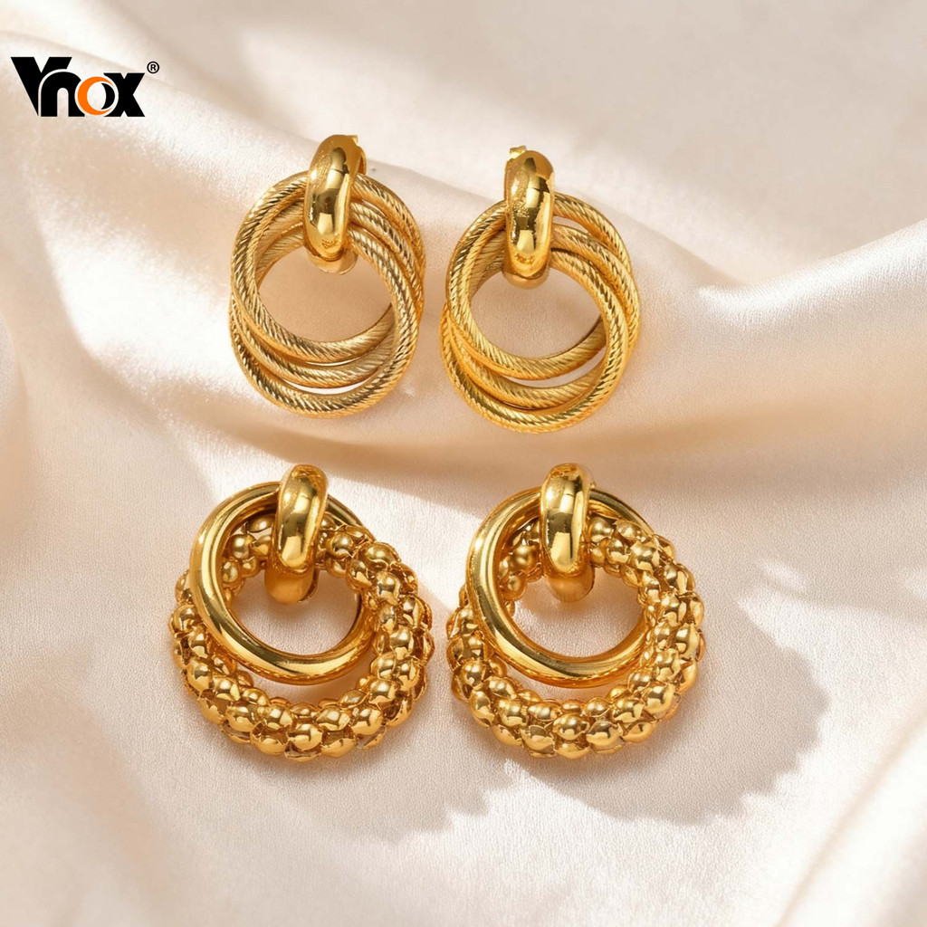 Vnox เรขาคณิต Hollow วงกลม Dangle ต่างหูทองสแตนเลส Hypoallergenic สําหรับผู้หญิงสาวแฟชั่น Jewely