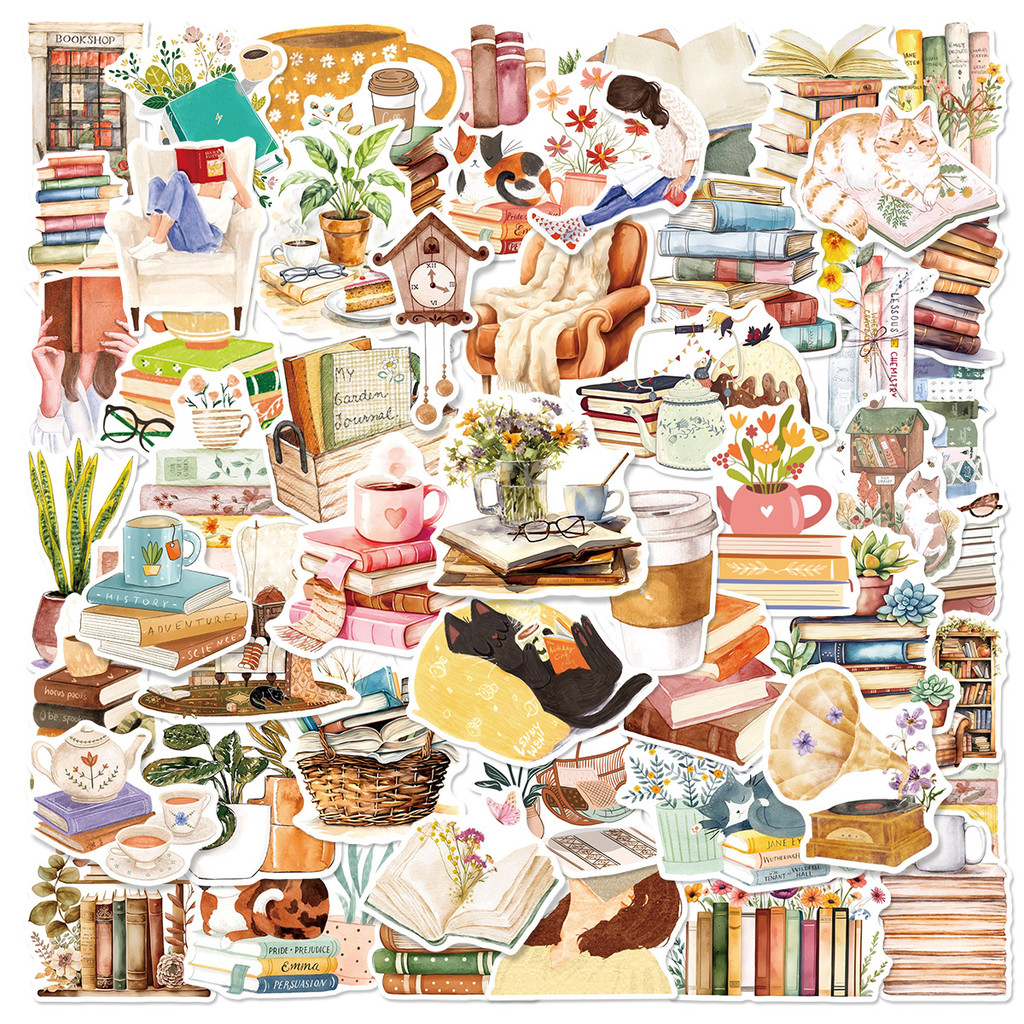 ❉ Watercolor Leisure Reading Series 01 Stickers ❉ 50Pcs/Set DIY Fashion Waterproof Doodle Decals Stickers