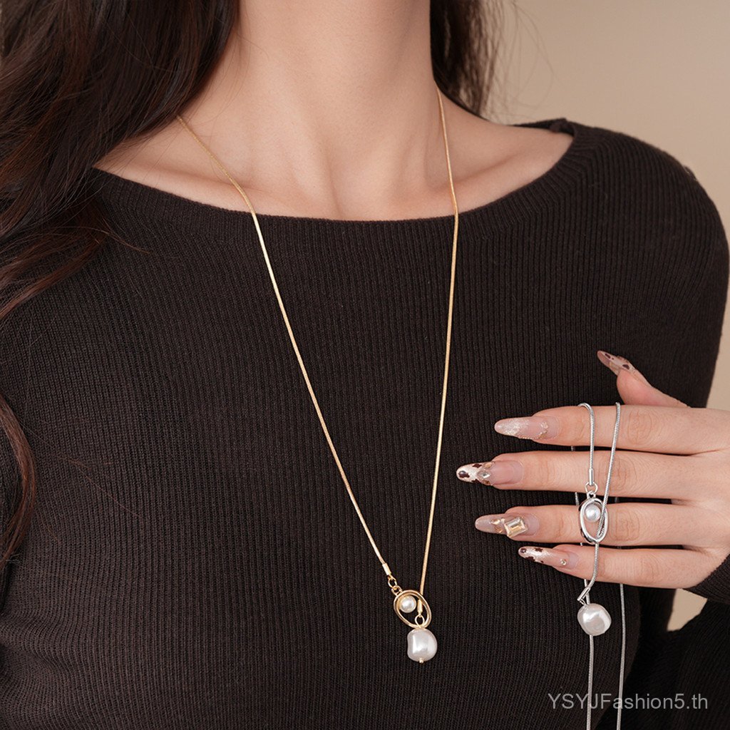 สร้อยคอมุกกลวงทรงเรขาคณิต สไตล์เรโทร-simple