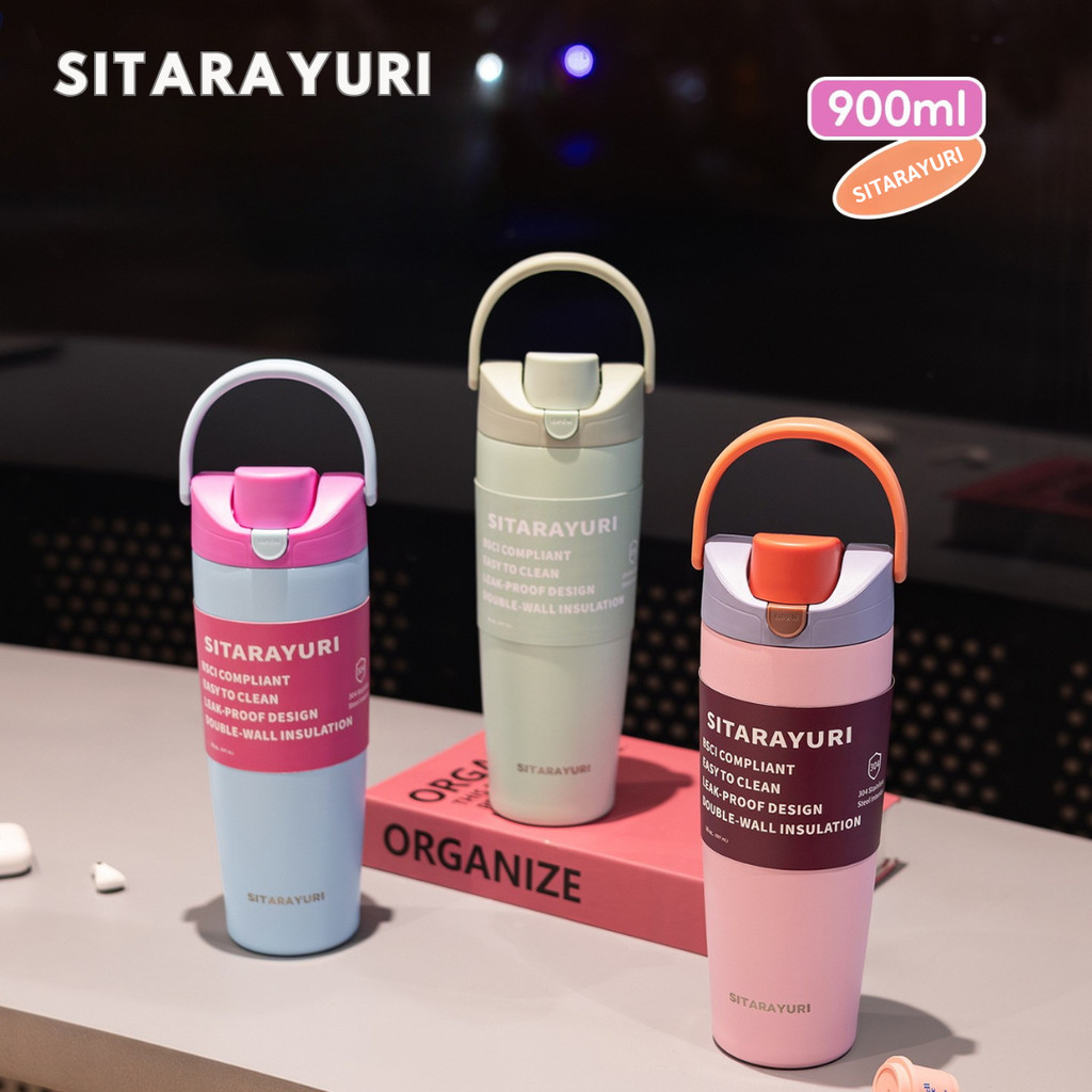 SITARAYURI Tumbler เก็บอุณหภูมิ 900ml แก้วเก็บความเย็น สีพาสเทลน่ารัก มีหูหิ้ว