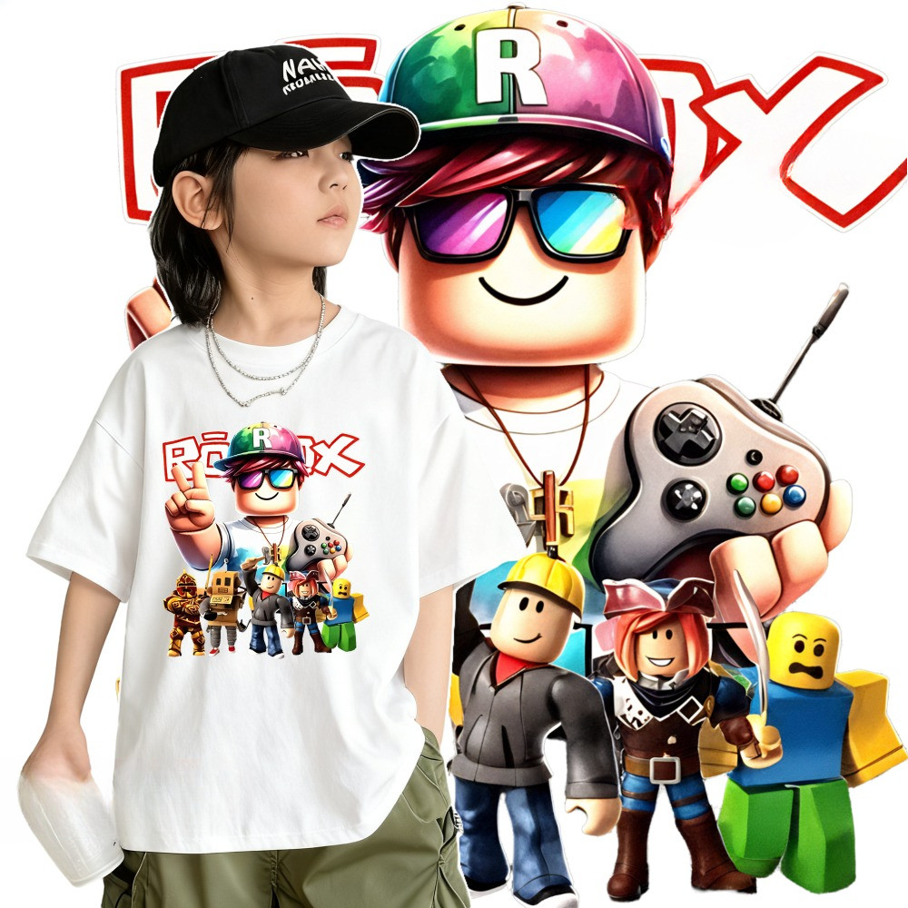 220G ผ้าฝ้าย 100%NELLY Roblox เสื้อยืดเด็กหลวมรอบคอสั้น, Roblox ชุดสําหรับ 3-14 Yrs