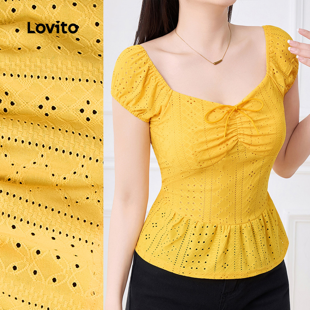 Hollow Lace-Up คอเหลี่ยมแขนสั้นแคบ-เอว Ruffled Top-BLB143PAD747