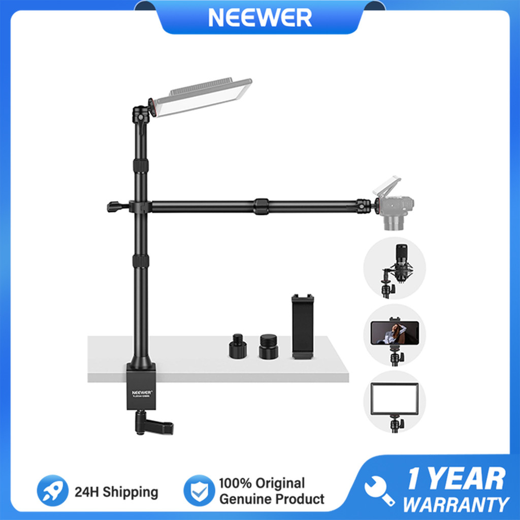 NEEWER TL253A+DS001 ขาตั้งกล้องตั้งโต๊ะพร้อมแขนยืดไสลด์ 2 แขน ที่วางโทรศัพท์ หัวบอล อะแดปเตอร์สกรู ขาตั้งไฟตั้งโต๊ะสําหรับกล้อง โทรศัพท์มือถือ เว็บแคม ไฟวงแหวน