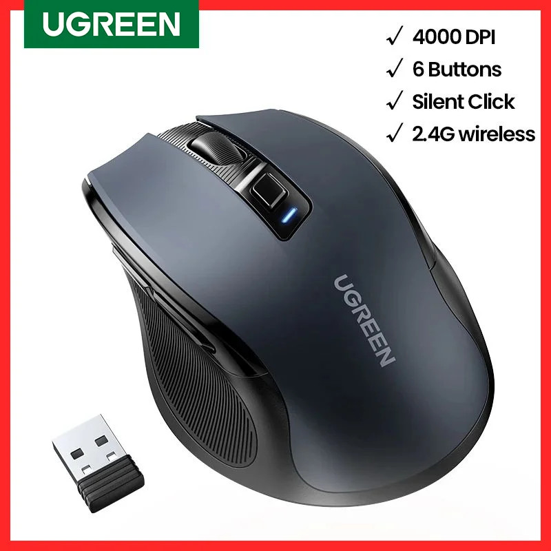 UGREEN เมาส์ไร้สาย 5.0 เมาส์บลูทูธ Ergonomic 4000DPI เมาส์ปุ่มปิดเสียง 6 ปุ่มสําหรับแล็ปท็อป PC
