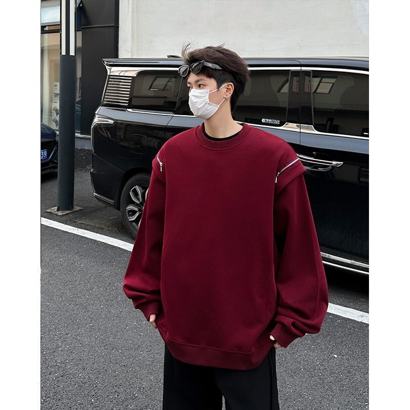 [I Man Country Style] Heavy Industry เย็บปักถักร้อยปลอมสองชิ้นเย็บเสื้อกันหนาวไวน์แดงอเมริกัน Retro 