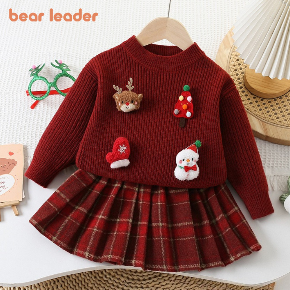 ชุดเด็กผู้หญิงสีแดง พร้อมเสื้อโค้ตและกระโปรงลายสก๊อต สำหรับฤดูหนาว กางหมวกต้นไม้และกวางอบอุ่น