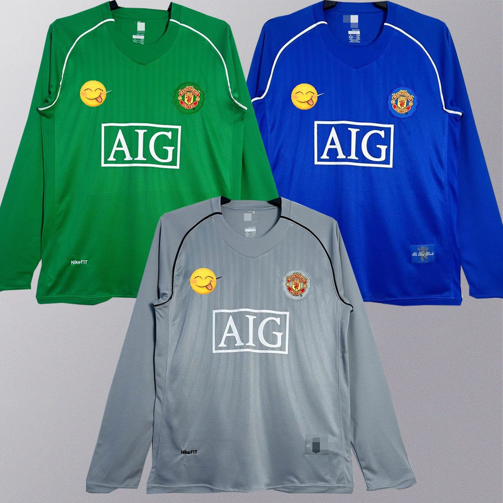 เสื้อย้อนยุคแมนเชสเตอร์ยูไนเต็ดแขนยาว 2008 สีเทาสีฟ้า ผู้รักษาประตู Van der Sar & Kuszczak คุณภาพสูง