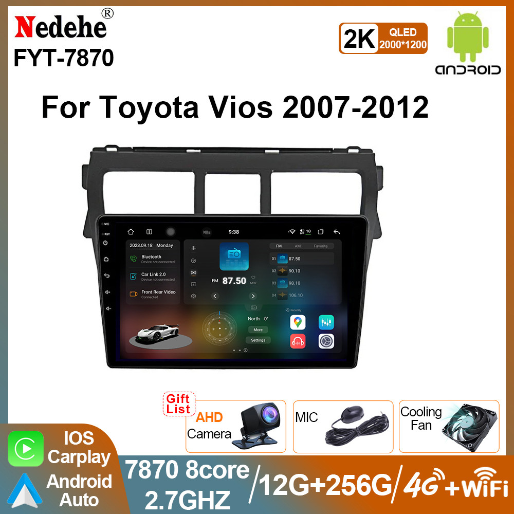7870 2.7GHZ CPU Android Monitor สําหรับ Toyota Vios 2007 - 2013 Carplay 2K QLED หน้าจอ 360 DSP DTS 4