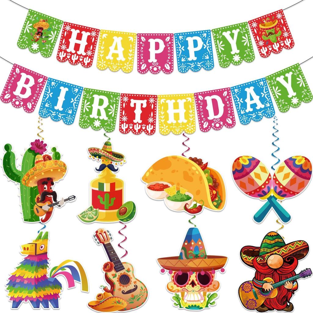 Biswiter Fiesta Happy Birthday Banner & 8 ชิ้นเม็กซิกัน Taco Party ตกแต่ง, Cinco De Mayo, ธีมโอกาสกา